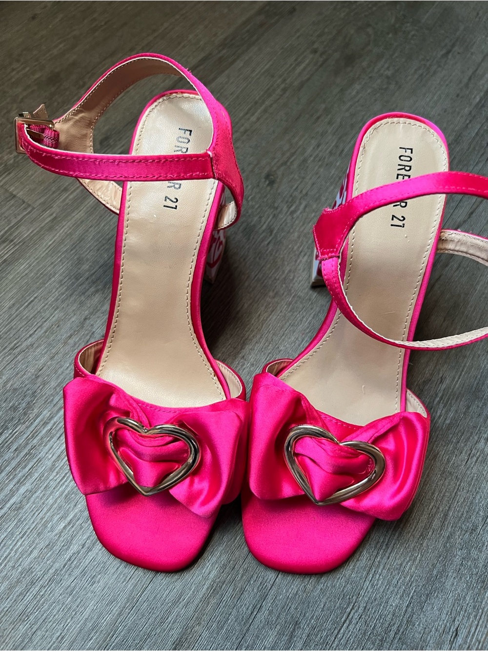 Forever 21 Hot Pink Satin Heart Bow Block Heels